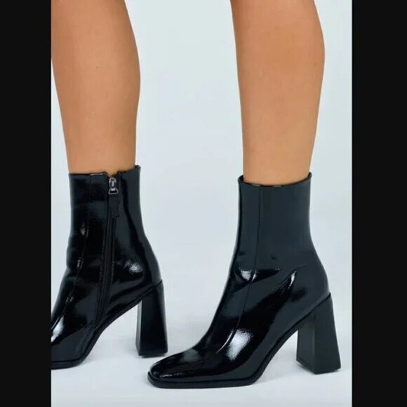 Princess Polly Kia Black Patent Leather Heeled Ankle Boots 6 - Picture 4 of 10